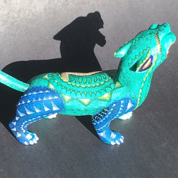 Jaguar Alebrije with Relief Carving of Armadillo and Coyote Included in Design. - Picture 3 of 16